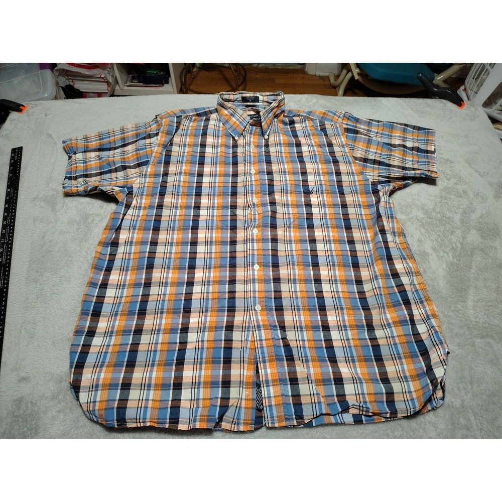 Nautica Shirt Men XL Blue Plaid‎ Nerd Office Dad Preppy Short Sleeve Button Down